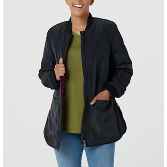 2X Logo Puffer Coat Quilted Jacket Lori Goldstein Navy Blue Midi Zip Front Lined - Picture 4 of 16